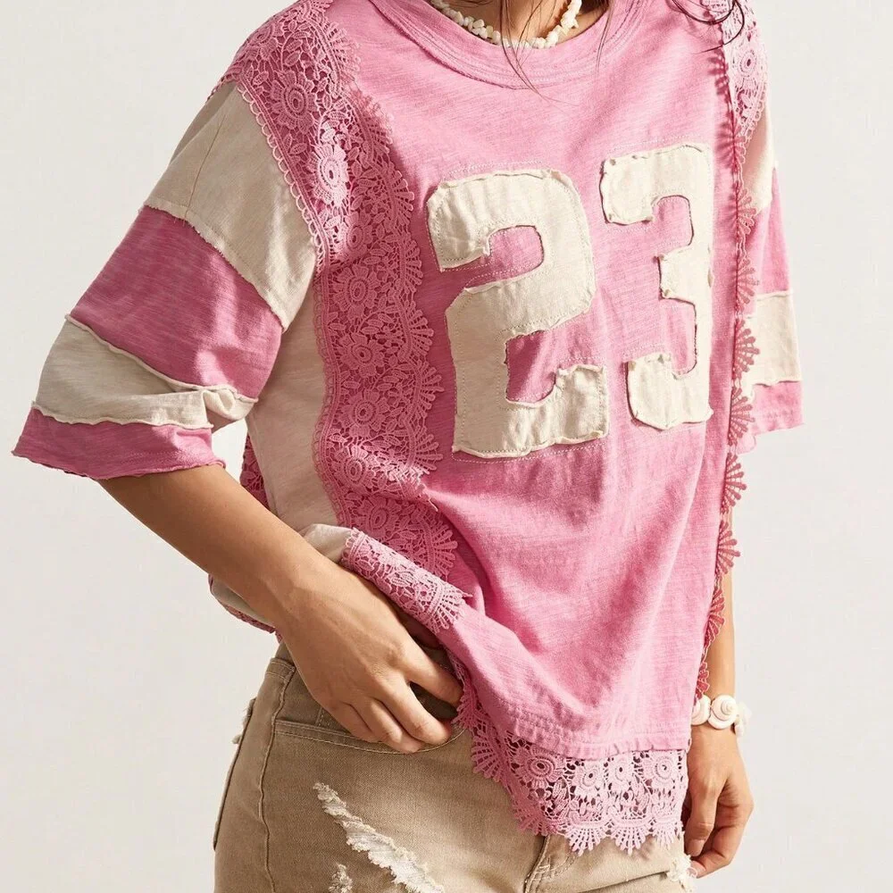 Pink Casual Women's Boho Lace Patchwork Round Neck Loose Washed tee shirt